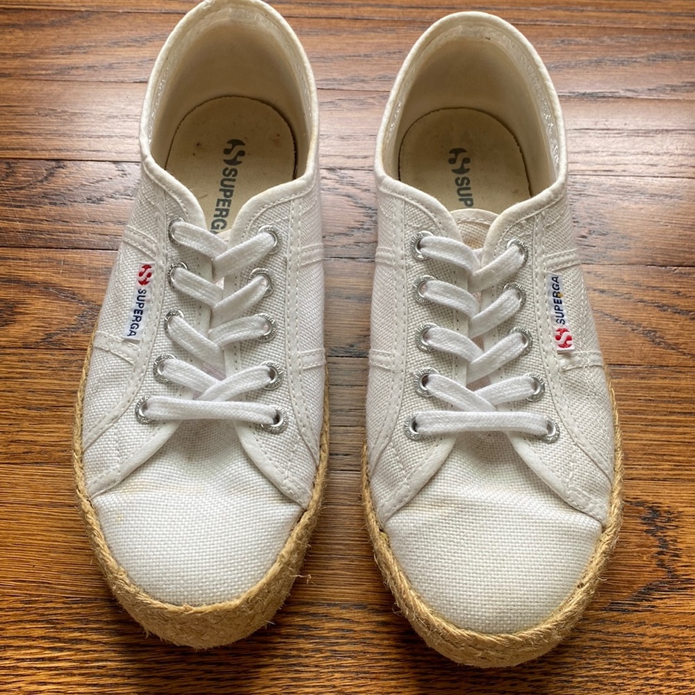 SUPERGA Women's Espadrille Low Top Sneakers White Canvas, raffia detail- 38